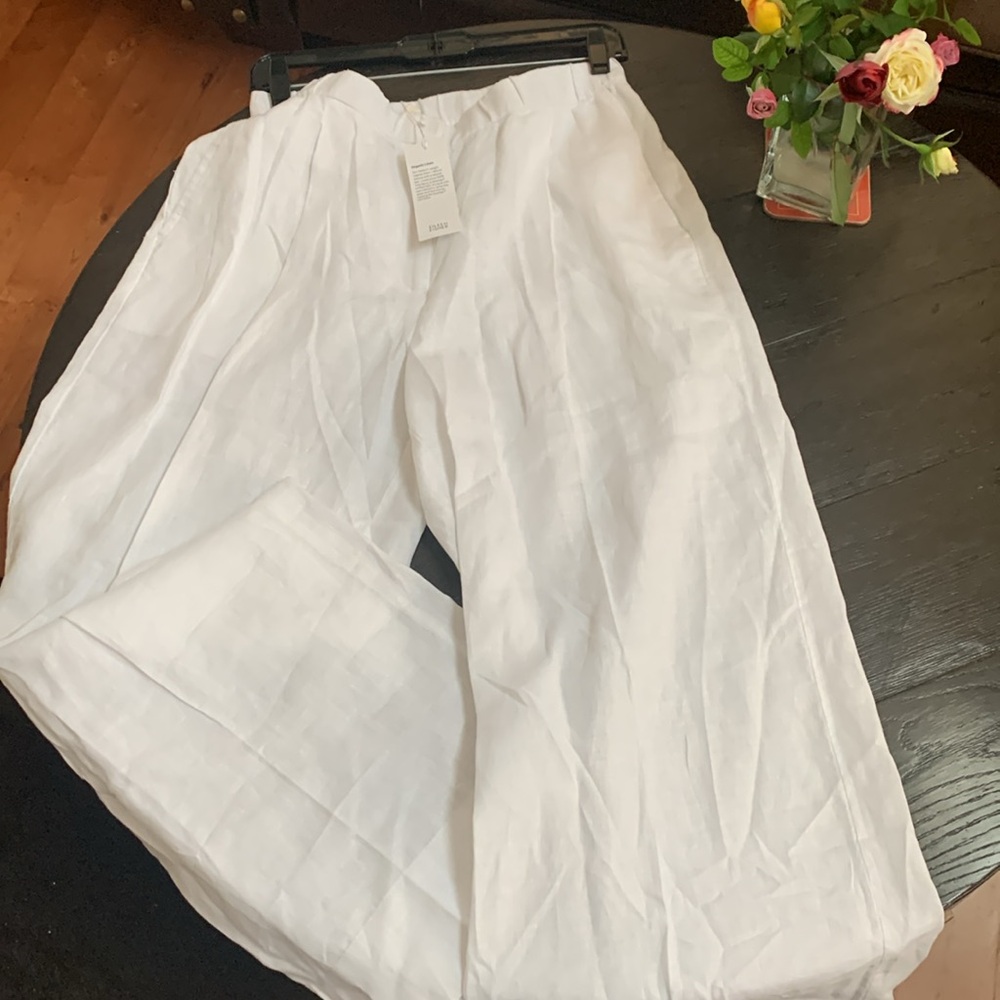 NWT Eileen Fisher White Organic Linen Pleated Wide Ankle F/L Pants - Picture 8 of 8
